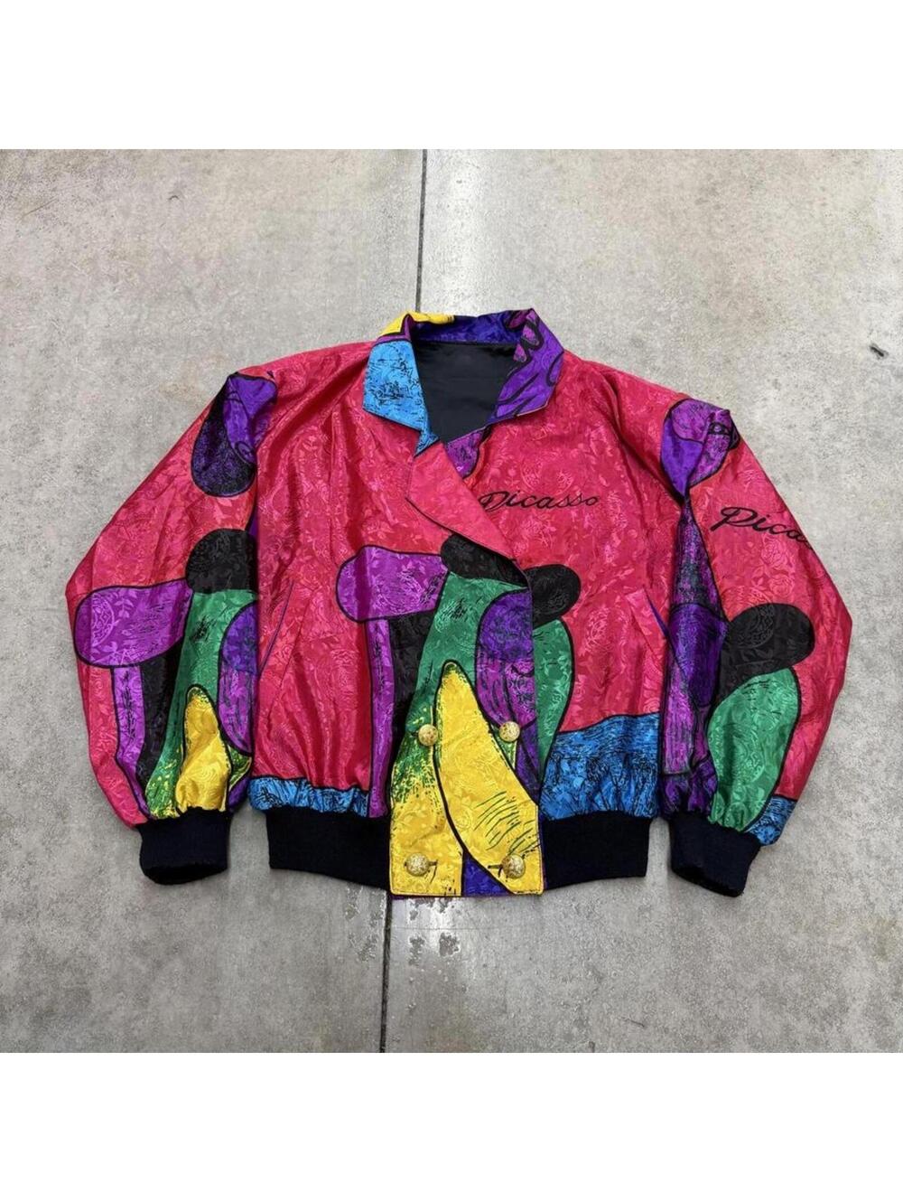 vintage picasso button down all over print art bomber jacket size large WOMENS